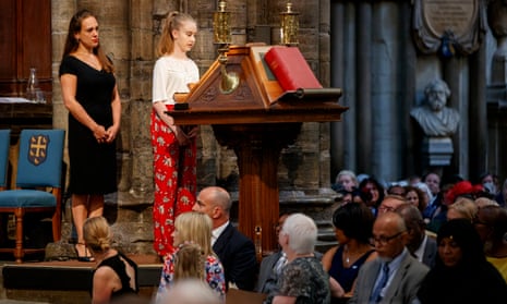 Freya Lewis, a survivor of the Manchester terror attack and Jenny Grant (left), a nurse who helped Freya with her injuries, at the service at Westminster Abbey in London.