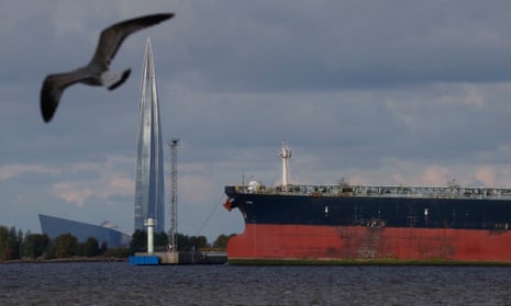 An oil tanker is seen by the Lakhta Centre business tower, the headquarters of Gazprom, in St Petersburg, Russia.