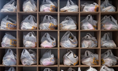 Bags containing aid including food and hygiene products at a day centre in Kyiv