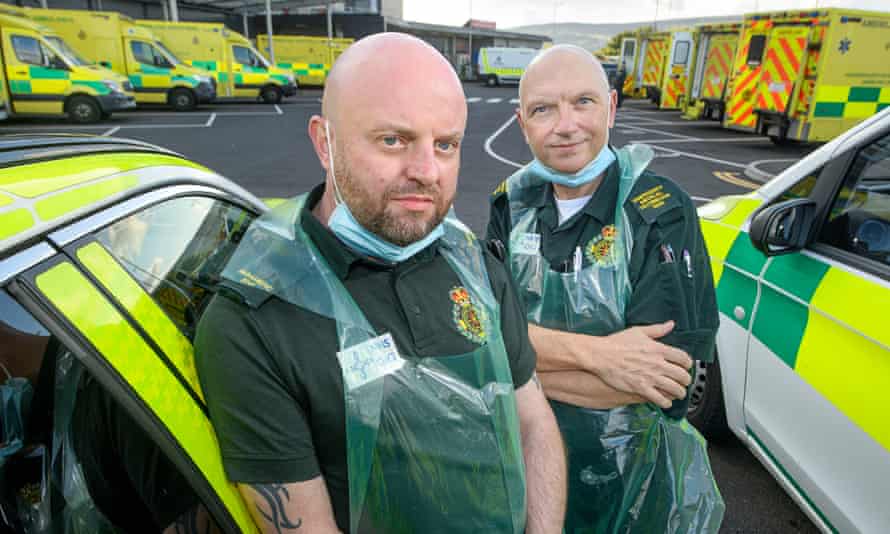 Paramedic Lee Davies, left, and exigency  aesculapian  technician Keith Rogers astatine  Grange assemblage   infirmary  adjacent   Pontypool.