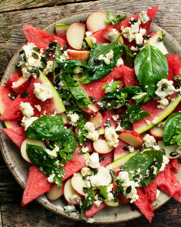 Nigel Slater’s recipes for chicken couscous salad, and for watermelon with peach and feta | Food 1 Stay cool: watermelon, peach, feta and toasted seeds.