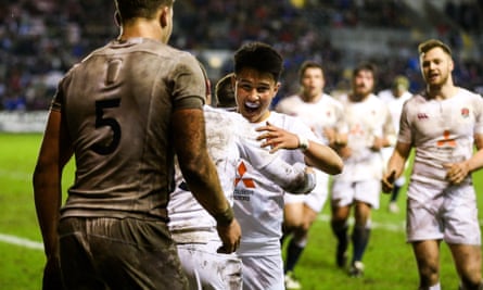 Marcus Smith celebrates an England score in an Under-20s match against Italy in 2017.