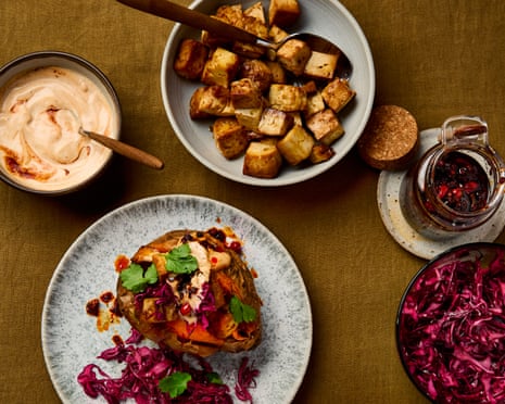 Meera Sodha's jacket sweet potato with smoked tofu slaw and chilli crisp.