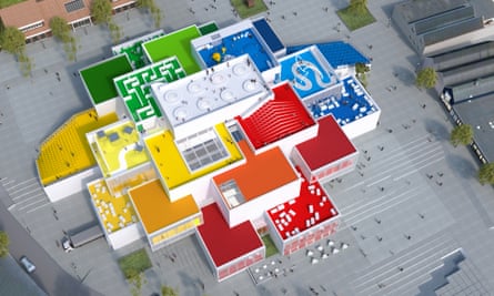 A model of the new Lego House in red, yellow, green and blue