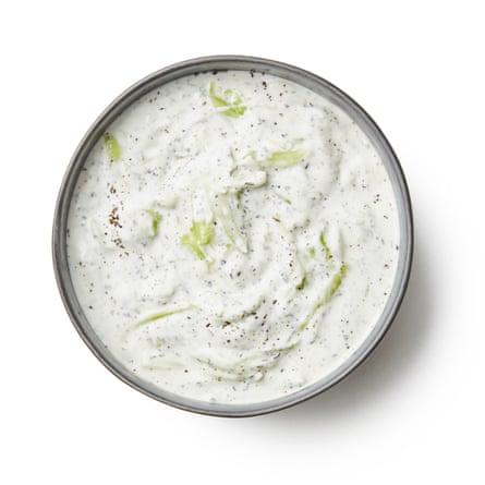 Peel and core the cucumber, then grate into garlicky yoghurt and stir in salt and fresh or dried mint to taste