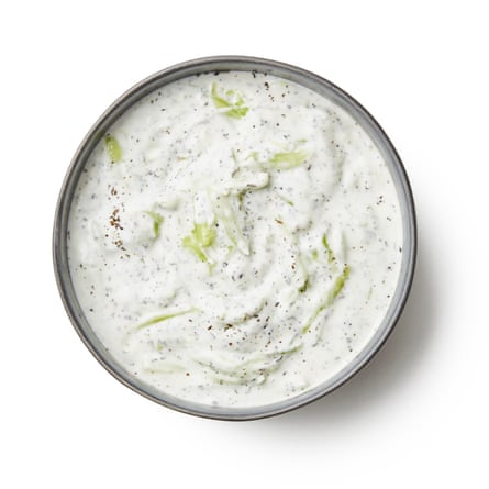 Peel and deseed the cucumber, then grate in garlic yoghurt and season with salt and fresh or dried mint