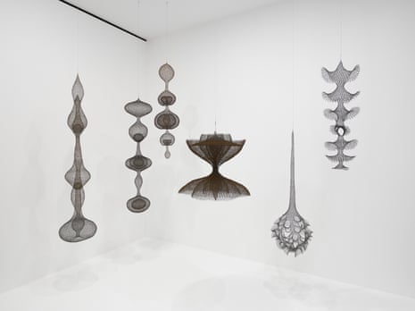 some of Ruth Asawa’s wire sculptures at David Zwirner.