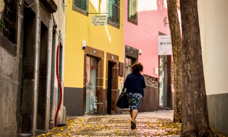 A woman walking uphill on the narrow Rua da Conceição, past houses painted yellow and pink, and with yellow flowers fallen from a tree scattering the pavement