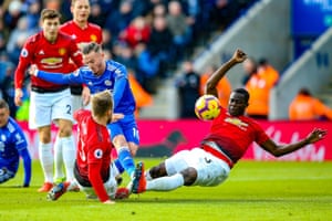 Leicester City midfielder James Maddison is clattered by a double last-ditch challenge from Manchester United’s Luke Shaw and Eric Bailly. United were already 1-0 up at that stage thanks to Marcus Rashford’s strike and held on to record a ninth win in ten games under Ole Gunnar Solskjær.