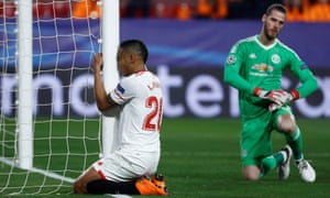 Luis Muriel looks dejected after his header was saved brilliantly by Manchester United’s goalkeeper David de Gea.