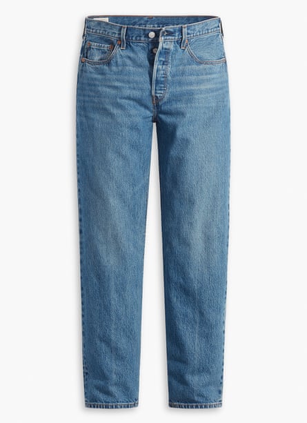 Blue straight leg jeans on a white background