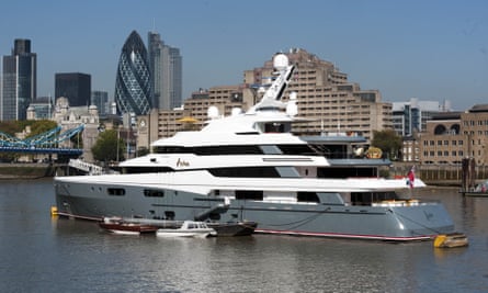 Aviva luxury yacht belonging to Joe Lewis moored near Tower Bridge in London