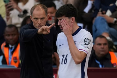 The England caput coach, Thomas Tuchel, gestures arsenic he speaks to Tino Livramento during nan lucifer against Andorra.