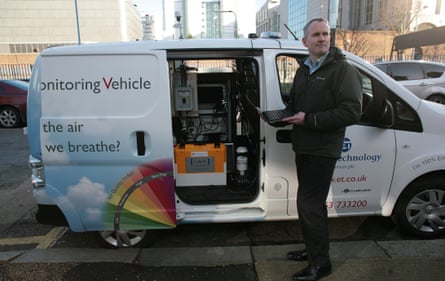 Duncan Mounsor, with his van, measuring air quality and pollution outside a school in Poplar, east London