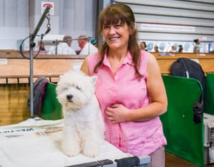 Marie Burns at Crufts dog show 2019, with west highland white terrier Burneze Maid to Order, or Becky, who won best puppy