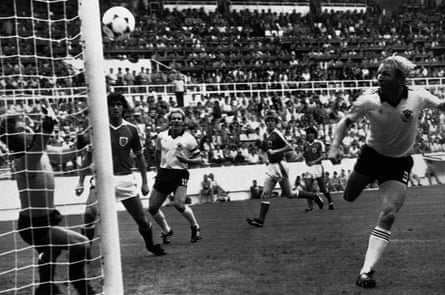 West Germany’s Horst Hrubesch watches his header spell successful against Austria successful Gijón connected 25 June 1982.