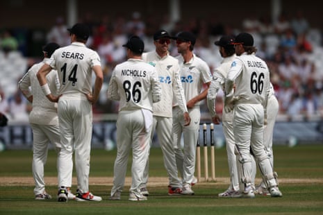 New Zealand players celebrate the wicket of England's Emilo Gay