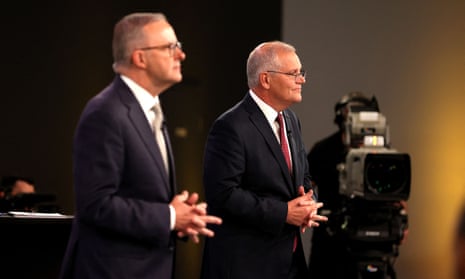 Scott Morrison and Anthony Albanese at the first leaders’ debate. Many key policy areas remain untouched by the major parties just two weeks out from the election. 