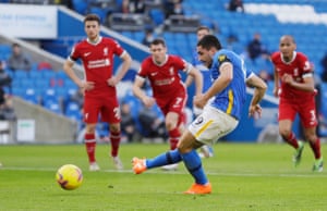 Brighton’s Neal Maupay puts the penalty wide.