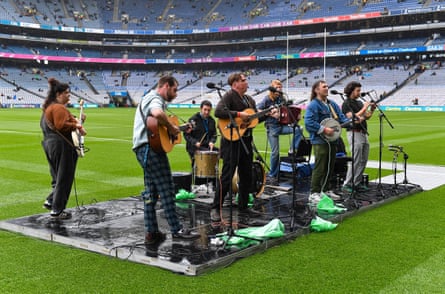 The band performing before a hurling match at Croke Park, Dublin, 23 July 2023.