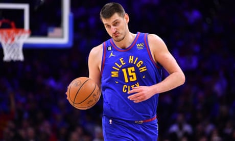 NBA: Denver Nuggets at Philadelphia 76ers<br>Jan 28, 2023; Philadelphia, Pennsylvania, USA; Denver Nuggets center Nikola Jokic (15) dribbles the ball against the Philadelphia 76ers in the first quarter at Wells Fargo Center. Mandatory Credit: Kyle Ross-USA TODAY Sports