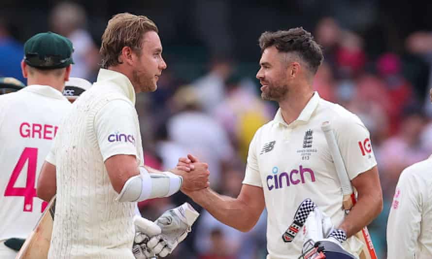 ‘Pride in the badge’: Root hails England’s resolve after dramatic Ashes draw | England cricket team 2 Stuart Broad and James Anderson salute each other at the end of the Test