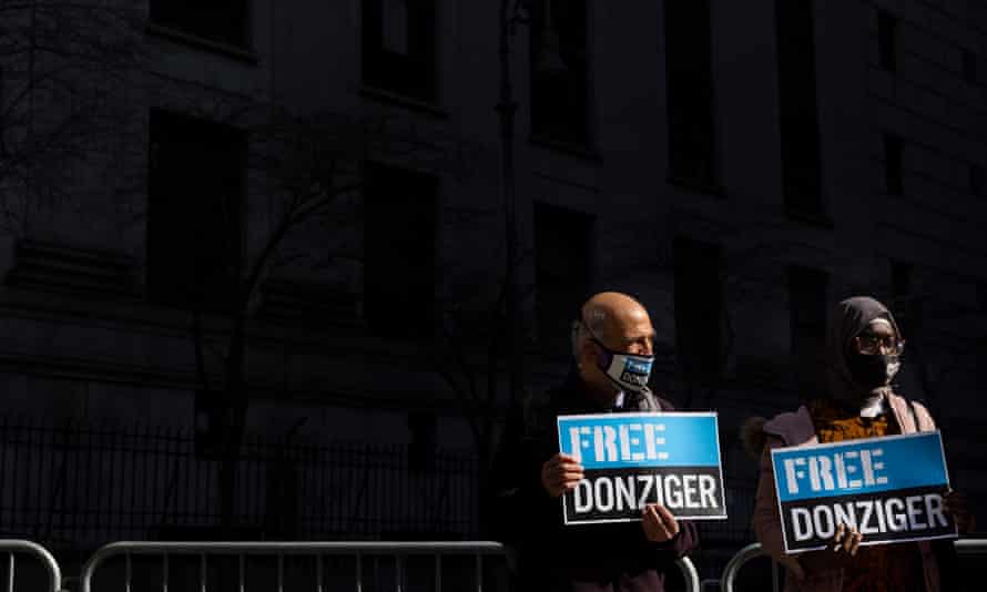 Steven Donziger supporters show their support outside the federal courthouse in New York.