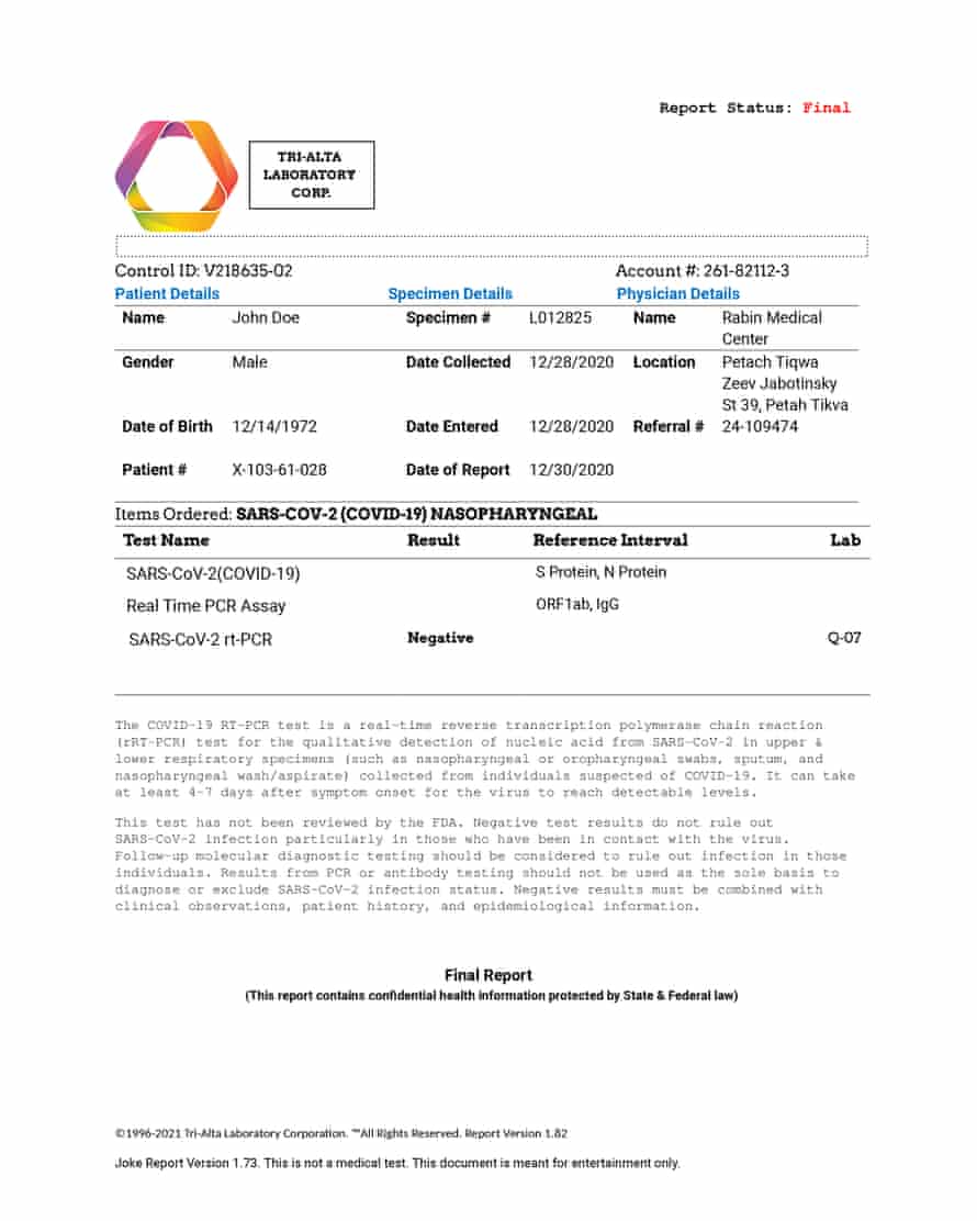 Fake negative test certificate