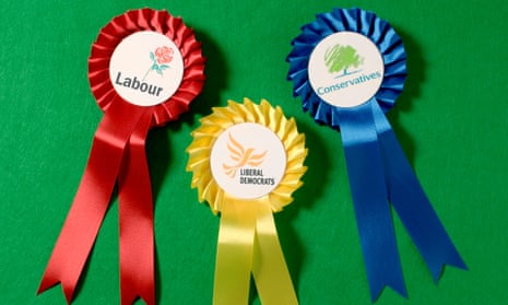 The three main UK political parties rosettes.