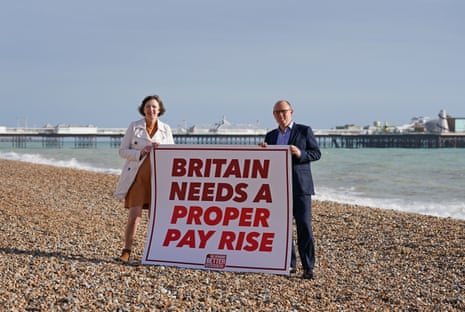 Frances O’Grady with Paul Nowak, the TUC deputy general secretary, on the beach at Brighton yesterday, ahead of the start of the TUC conference.
