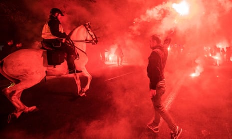 A police officer on horseback among Sevilla fans before kick-off when many Liverpool fans reported having trouble getting into the ground