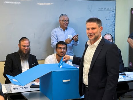 Bezalel Smotrich, leader of the Religious Zionist party, votes in the general election this morning.