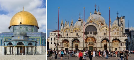More Arab than European … Jerusalem’s Dome of the Rock, left, and St Mark’s basilica in Venice.