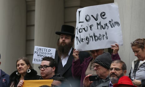 NGOs and religious leaders protest against Donald Trump’s messages at a gathering in New York, December 2015. 