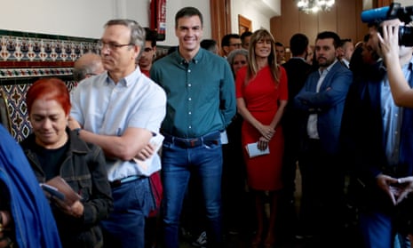 Pedro Sánchez waits in line to cast his vote in Spain’s snap general election. Photo by Juan Carlos Rojas/Shutterstock (14019373a)