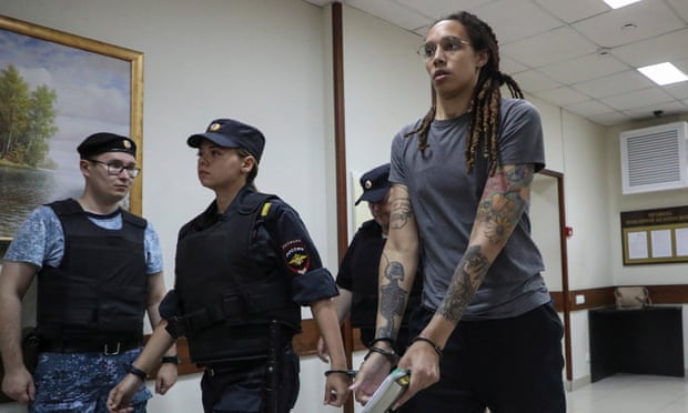 Brittney Griner in court to hear the verdict in Khimki, outside Moscow, on Thursday. Biden said: ‘I call on Russia to release her immediately.’