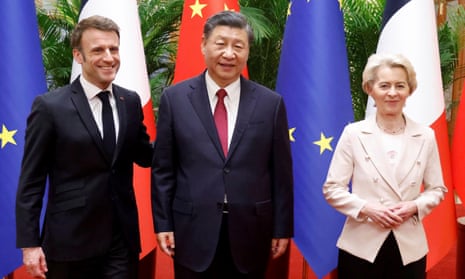 French president Emmanuel Macron, left, China's president Xi Jinping and European Commission president Ursula von der Leyen, right, meet in Beijing. 