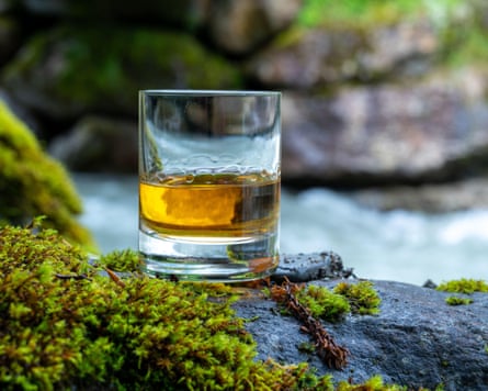 A glass of scotch whisky on a boulder surrounded by moss and a stream