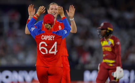 England’s Lauren Bell is congratulated by Alice Capsey after taking the wicket of West Indies’ Jahzara Claxton.