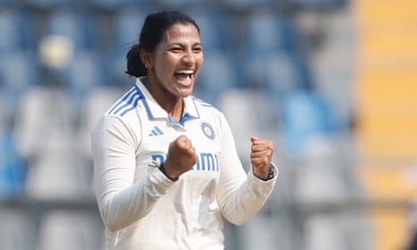 Sneh Rana celebrates the wicket of Phoebe Litchfield on day three of the women's Test  between India and Australia