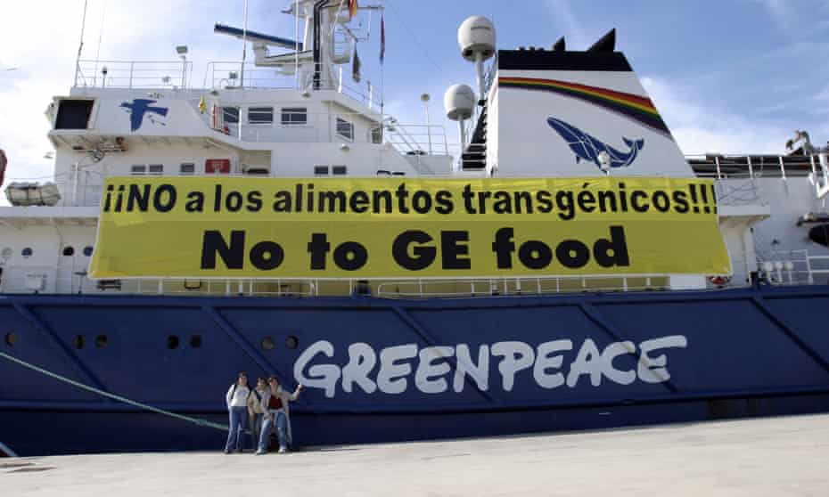 Greenpeace ship the Esperanza moored in Cartagena Spain with an anti GM food banner on its side