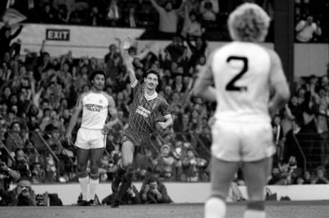 Ian Rush celebrates during Liverpool’s 6-0 drubbing of Luton at Anfield in 1983.