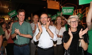 Australian Greens leader, Adam Bandt, with the Greens candidate for Griffith, Max Chandler-Mather, and Senate candidate Penny Allman-Payne at the Australian Greens national campaign launch in Brisbane