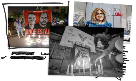 From left; a 2022 protest over the then missing Dom Phillips and Bruno Pereira; a vigil for murdered Colombian reporter Rafael Moreno; a mural of late Palestinian-American journalist Shireen Abu Akleh