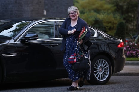 Thérèse Coffey arriving at Downing Street for cabinet this morning.