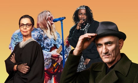 Summer in the City composite. From Left to Right: Heather Mitchell in STC's RBG Of Many, One, Ellie Goulding in concert, Kendrick Lamar performs onstage and Australian singer-songwriter Paul Kelly.