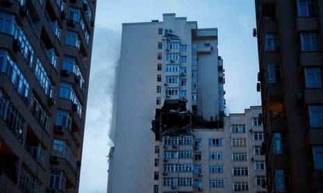 An apartment building in Kyiv hit during Russian missile strikes on Saturday