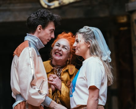 Kasper Hilton-Hille and Charlotte O’Leary as ‘Troilus and Cressida, with Samantha Spiro as Pandarus.