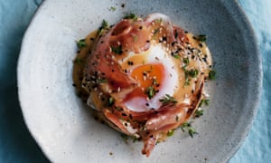 Speck and quince cream piled on a muffin with grated pepper on top