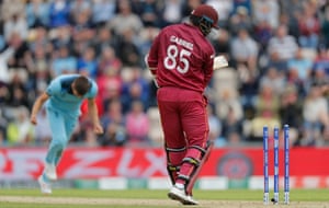 England chasing 213 to beat West Indies: Cricket World Cup 2019 – live! | Sport 1 Mark Wood of England celebrates after bowling Shannon Gabriel.